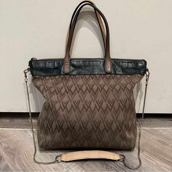 VALENTINO Tote All Over Print Green Beige Crossbody  Zip Top Pocket Large - Picture 5 of 11